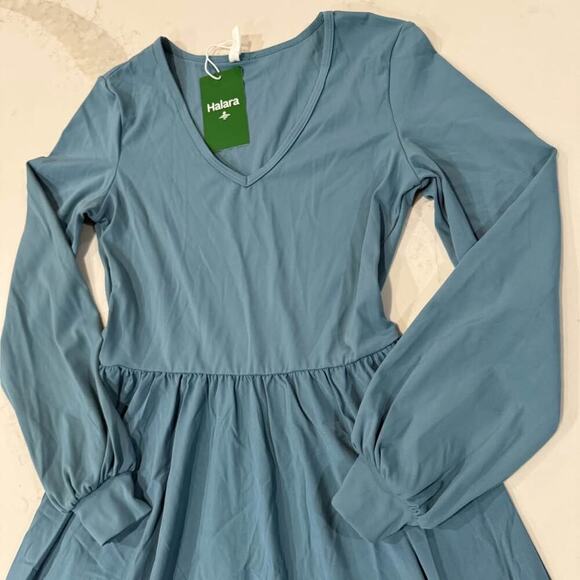 Halara NWT Breezeful V Neck Bishop Long Sleeve Flare Midi Dress Women's Small - Picture 3 of 8